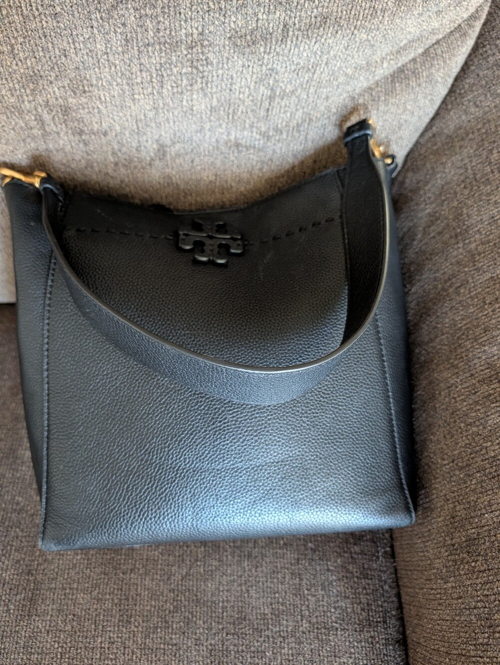 Tory Burch Black Pebbled Leather Shoulder Bag with Logo Accent